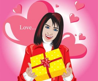 Kostenlose Vektor-Mädchen Halten Valentine Tag Gelb Geschenkbox