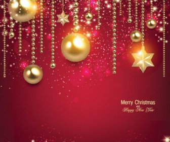 Free Vector Glowing Christmas Balls Hanging On Red Elegant Invitation Card