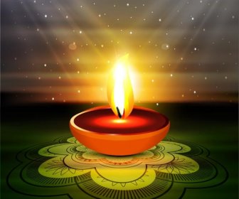 Free Vector Glowing Diya On Traditional Asian Hindu Pattern Background Diwali Card