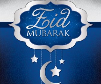 เวกเตอร์ฟรีสีเทาขอบสีฟ้า Eid Mubarak ป้ายกับที่แขวนดวงจันทร์