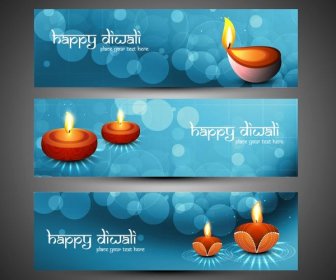 Kostenlose Vektor Happy Diwali Blau Leuchtende Banner-set
