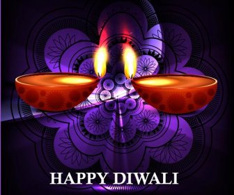 自由向量快樂 Diwali Diya 發光在紫色花卉藝術圖案設計