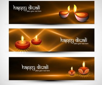 Vektor Gratis Happy Diwali Pencahayaan Banner Ditetapkan Desain