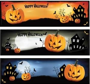 Vektor Gratis Happy Halloween Horisontal Web Banner Ditetapkan