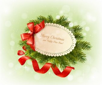 無料ベクトル メリー クリスマスと新年あけましておめでとうございますリボン招待状カード