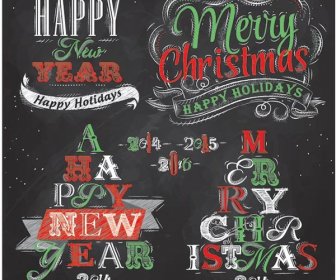 無料のベクター メリー クリスマスと新年黒板タイポグラフィ ロゴ