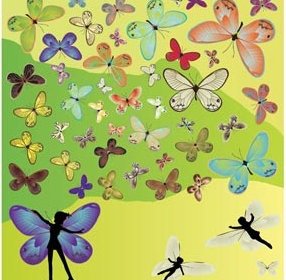 Set Vektor Gratis Siluet Indah Peri Dengan Kupu-kupu