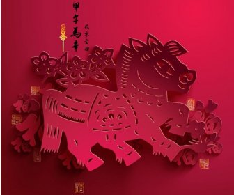 無料ベクトル紙切削赤馬赤中国の旧正月テンプレート