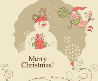 Kostenlose Vektor Roten Santa Vogel Mit Schneemann Frohe Weihnachten Grußkarte