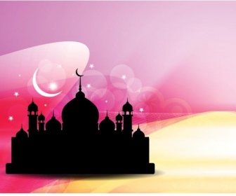 自由向量剪影清真寺與 Eid 月亮在粉紅色抽象背景