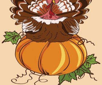 無料ベクトル トルコ鳥カボチャ幸せな感謝祭のカードの上に座って