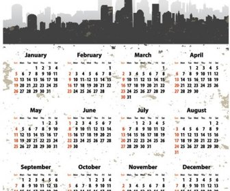 免費 Vector14 日曆範本在標題剪影城市