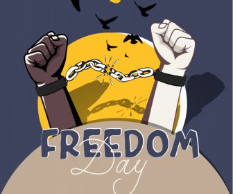 Freedom Day Banner Template Hands Breaking Handcuffs Moonlight Doves Sketch