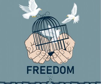 свобода плакат шаблон летающие голуби птичья клетка держится за руки эскиз