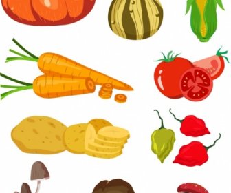 Frische Landwirtschaftliche Produkte Ikonen Buntes Gemüse Früchte Skizze