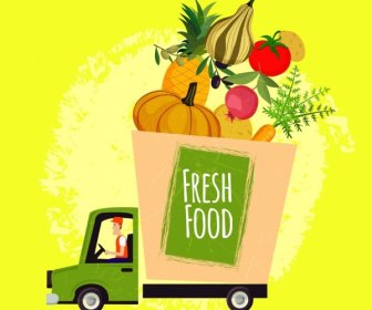 Fresh Food Advertising Truck Fruits Icons Decoration