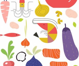 Fundo De Alimentos Frescos ícones De Frutos Do Mar Vegetais Coloridos Plana