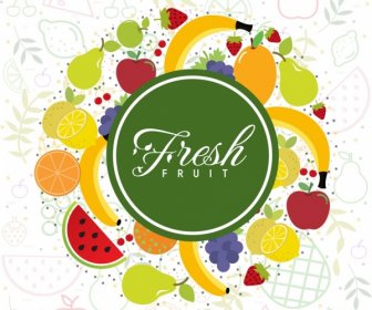 Fresh Fruits Background Various Colored Icons Decor