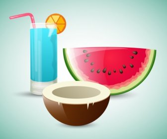 Frisches Obst Cocktail Symbole Farbig Wassermelone Kokosnuss Dekoration