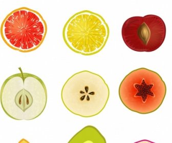 Fresh Fruits Icons Sliced Design Colored Flat Handdrawn