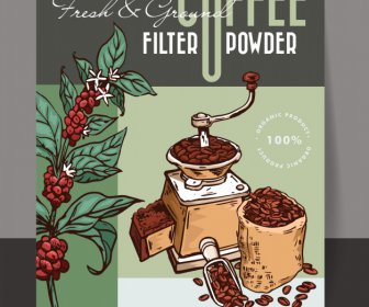 신선한 분쇄 필터 커피 가루 광고 포스터 클래식 손으로 그린 콩 꽃 도구 스케치