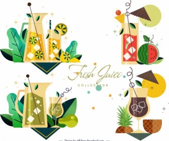 Fresh Juice Cocktail Icons Multicolored Classical Design