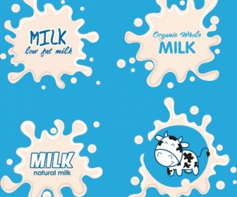 Frische Milch Designelemente Spritzte Flüssigkeit Kuh Symbole