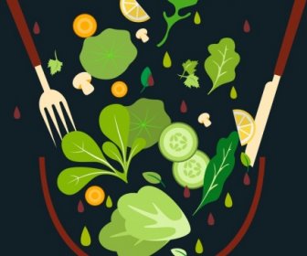 Fresh Salad Background Vegetables Icons Dark Design