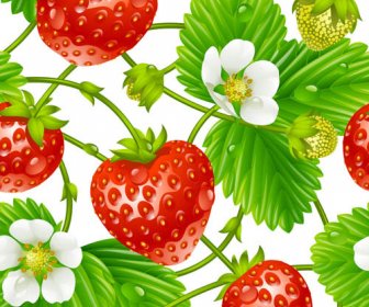 新鲜草莓与花无缝模式向量