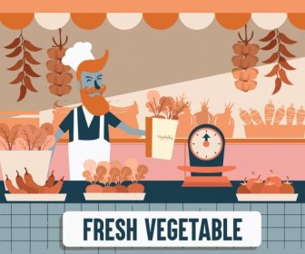 新鲜蔬菜店画彩色卡通素描