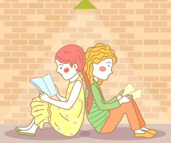 Friends Background Girls Reading Books Icons Cartoon Design