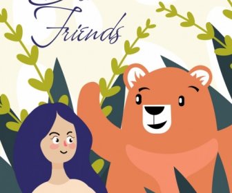 Friendship Background Girl Bear Icons Cartoon Characters