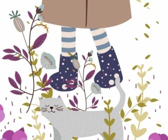 Przyjaźń Tło Dziewczyna Nogi Kot Ikony Kwiaty Dekoracji