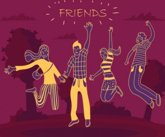 Friendship Background Joyful People Icons Silhouette Handdrawn Sketch