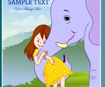Friendship Background Little Girl Elephant Icons Colored Cartoon