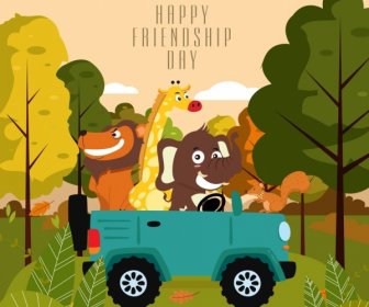 Friendship Day Banner Car Animals Icons Cartoon Design