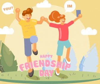 Friendship Day Banner Joyful People Icon Cartoon Characters