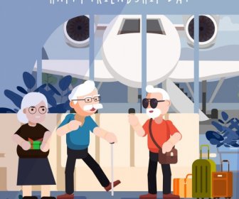 Friendship Day Banner Old People Luggage Airplane Icons