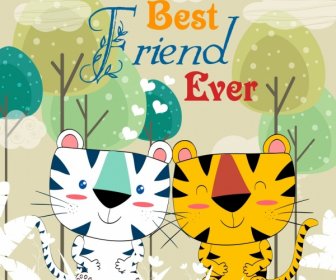 Friendship Drawing Tigers Icon Colored Handdrawn Design