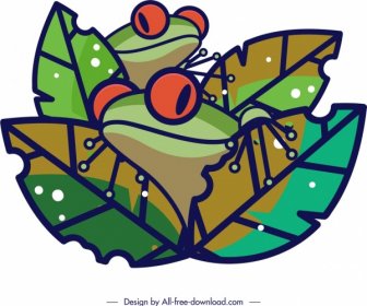 다채로운 그림 개구리 동물 Handdrawn 스케치 나뭇잎 장식