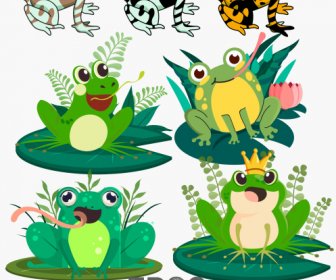 Frogs Icons Classic Cartoon Characters Sketch
