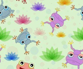 Frogs Lotus Background Multicolored Repeating Decor
