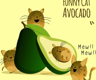 الفاكهة راية القطط لطيف الأخضر الأفوكادو الرموز الديكور
