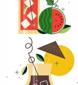 Fruit Cocktail Background Templates Watermelon Pineapple Icons Decor