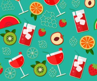 Fruit Cocktails Pattern Glass Slices Icons Colorful Flat
