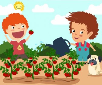ícones De Crianças Tema Tomate árvores De Fruticultura