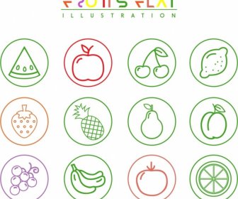 Fruit Icons Isolation Various Flat Symbols Sketch