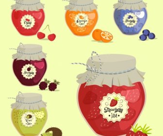 Fruit Jam Pots Icons Isolation Various Multicolored Design