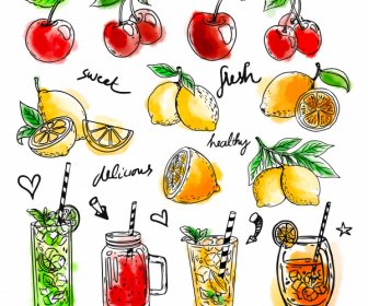 Fruit Juice Design Elements Colored Classic Handdrawn Sketch