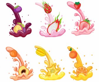 Fruit Juice Icons Modern Splashing Motion Design
